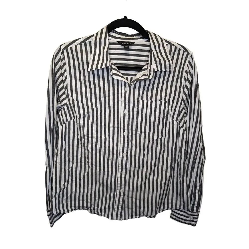 The Limited Black/Greyish and White Striped Long Sleeve Button Down Dress Shirt